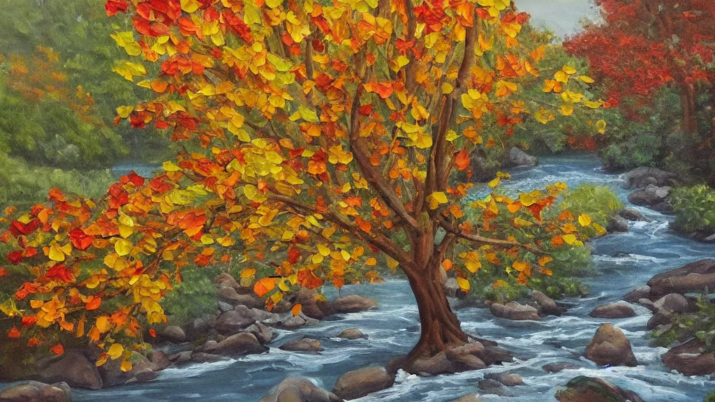 Image similar to A beautiful oil painting of a single tree, the tree is in the rule of thirds, a family is under the tree having a picnic, the kids are playing with the dog at the river while the are splashing the water, the fall has arrived and the leafs started to become golden and red, the river is flowing its way, the river has lots of dark grey rocks, oil painting by Greg Rutkowski