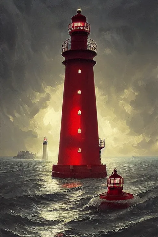 Prompt: imagine a ship in a bottle but instead of a ship there is a red and white lighthouse inside the bottle, very fancy whiskey bottle, masterpiece painting by greg rutkowski and jakub rebelka