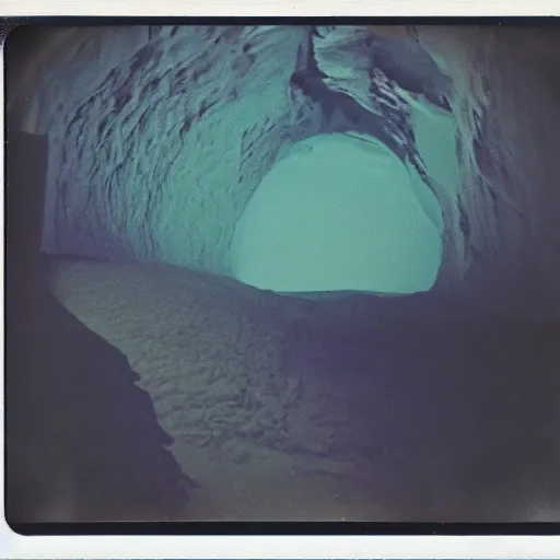 Prompt: a massive glacier cave opening, dark, creepy, eerie, unsettling, old polaroid, expired film,