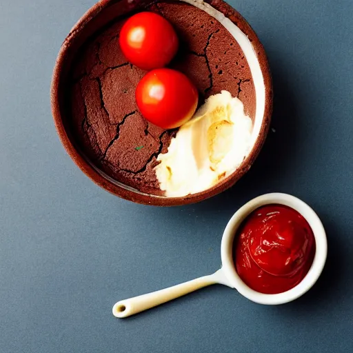 Prompt: a warm chocolate brownie in a bowl of vanilla ice cream and coated with tomato ketchup, studio lighting, recipe book photo