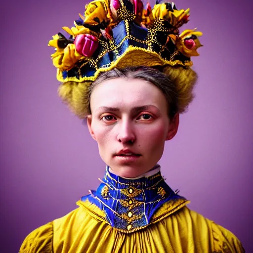 Image similar to Colour Caravaggio style Photography of Highly detailed beautiful Woman with 1000 years perfect face and wearing detailed Ukrainian folk costume designed by Taras Shevchenko also wearing highly detailed retrofuturistic Tiara designed by Josan Gonzalez. Many details In style of Josan Gonzalez and Mike Winkelmann and andgreg rutkowski and alphonse muchaand and Caspar David Friedrich and Stephen Hickman and James Gurney and Hiromasa Ogura. Rendered in Blender and Octane Render volumetric natural light