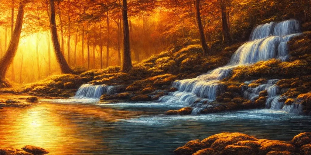 Prompt: golden hour waterfall nature landscape, matt painting, oil painting, ultra realistic, highly detailed, hd, sharp focus, cinematic lighting, warm colors, realistic, photorealistic, vivid colors, painting, non blurry, sharp, smooth, illustration