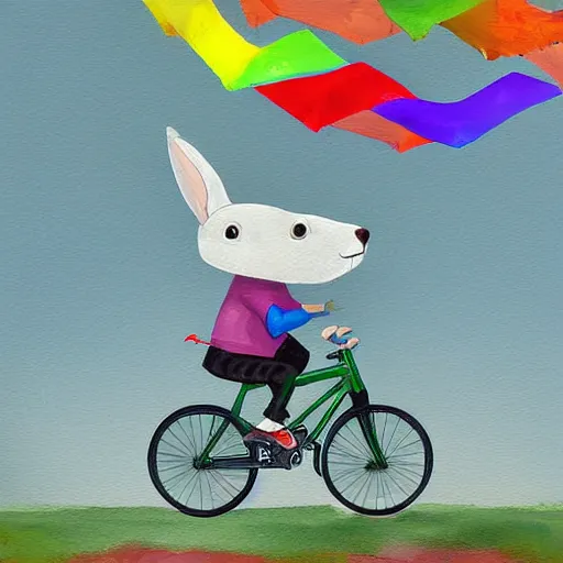 Image similar to a humanoid rabbit riding a bicycle while flying a kite, digital painting