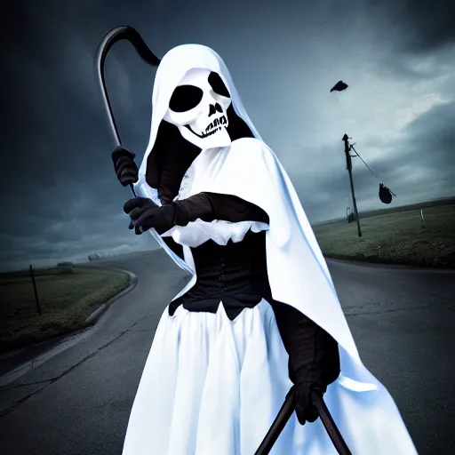 Prompt: photograph of the grim reaper in a maid outfit, 8k resolution, high detail, ULTRA REALISTIC VFX, reflections