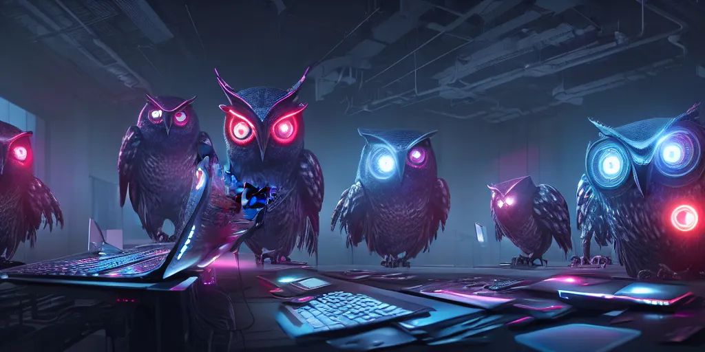 Image similar to an giant evil, malevolent, cyborg owls looking at a computer, surrounded by computer screens. this 4 k hd image is trending on artstation, featured on behance, well - rendered, extra crisp, features intricate detail and the style of unreal engine. volumetric lighting octane render