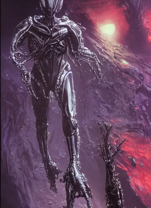 Image similar to alien astronaut in dark void underwater - complex and hyperdetailed technical suit design. reflection and dispersion materials. rays and dispersion of light. volumetric light. f / 3 2. noise film photo. flash photography. ultra realistic, 5 0 mm. poster by wayne barlowe, hajime sorayama aaron horkey, craig mullins