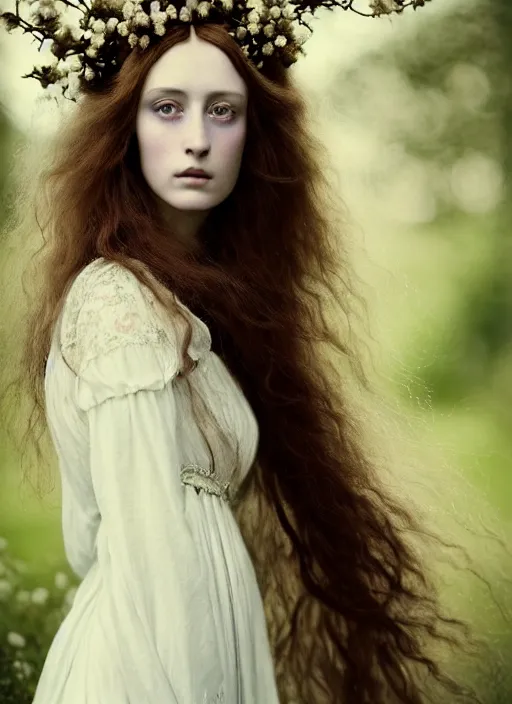 Prompt: portrait photography of a beautiful woman how pre-Raphaelites beauty type in style of Paolo Roversi, britt marling style 3/4 , long hair are intricate with highly detailed realistic branches with flowers like a crown, a beautiful ethereal lace white dress, 8K, soft focus, soft light, volumetric lighting, highly detailed Realistic, Refined, Highly Detailed, natural outdoor soft pastel lighting colors scheme, outdoor fine art photography