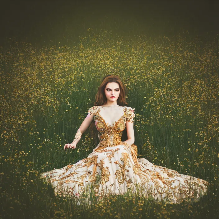 Image similar to portrait photo of an extremely beautiful woman in ornate gown sitting in an endless meadow. extremely detailed. dslr. 8 5 mm.