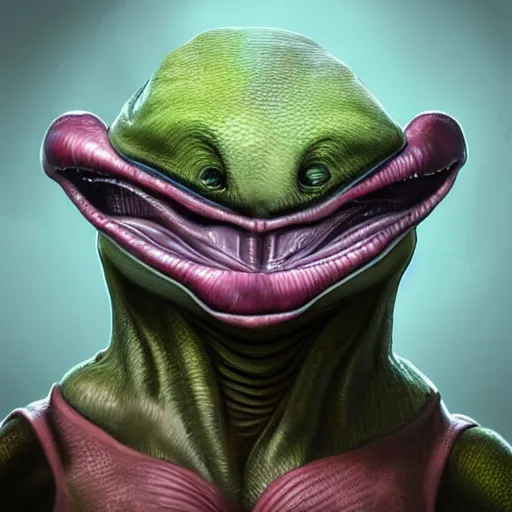 Image similar to pepe as alien game character, 3d, realistic, hyper details, dramatic light, wide angle, artstation