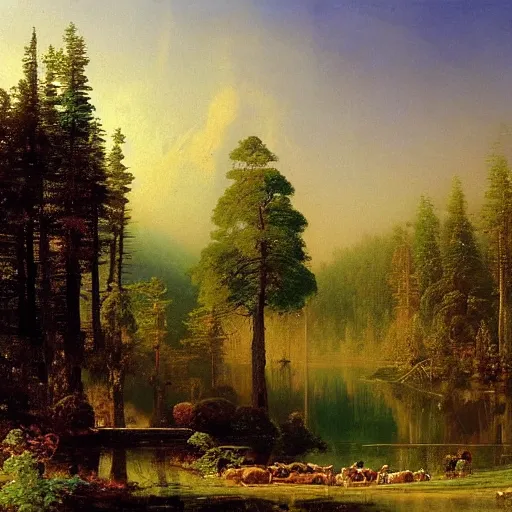 Prompt: masterpiece oil painting of a fantasy hotel in a beautiful forest by ivan shishkin and aivazovsky, highly detailed