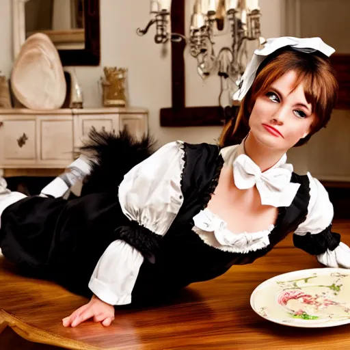 Image similar to ladies versus butlers! french maid laying on dining room table, innocent face, cute pose