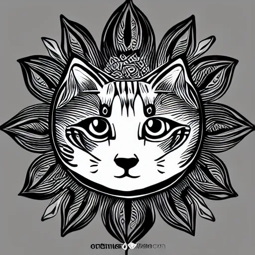 Image similar to tattoo sketch of a cat hugging the sun, on a canva, blackwork, ornamental, line art, vector,