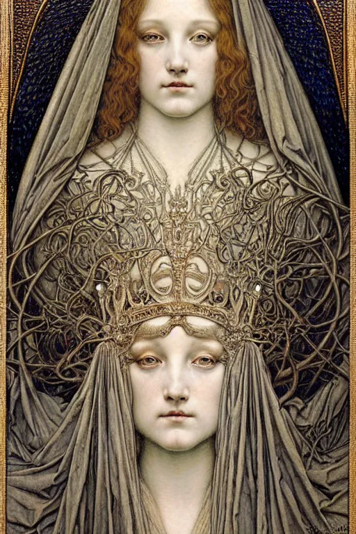 Image similar to detailed realistic beautiful young medieval queen face portrait by jean delville, gustave dore and marco mazzoni, art nouveau, symbolist, visionary, gothic, pre - raphaelite. horizontal symmetry