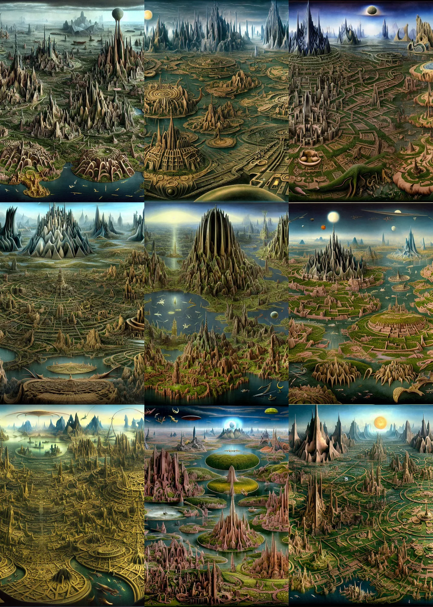 Prompt: a beautiful and insanely detailed matte painting of an advanced sprawling civilization with surreal architecture designed by Heironymous Bosch and Jim Burns, mega structures inspired by Heironymous Bosch's Garden of Earthly Delights, a beautiful and insanely detailed matte painting of an advanced sprawling civilization with surreal architecture designed by Heironymous Bosch and Jim Burns, mega structures inspired by Heironymous Bosch's Garden of Earthly Delights, a beautiful and insanely detailed matte painting of an advanced sprawling civilization with surreal architecture designed by Heironymous Bosch and Jim Burns, mega structures inspired by Heironymous Bosch's Garden of Earthly Delights, vast landscape by Jim Burns and Tyler Edlin, dark sci-fi concept art, vast horizons by Jim Burns and Tyler Edlin, masterpiece!!, grand!, imaginative!!!, whimsical!!, epic scale, intricate details, sense of awe, elite