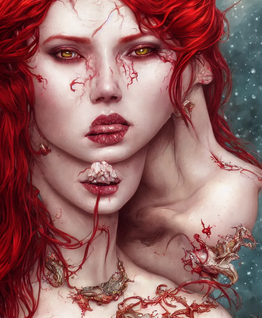 Prompt: Hyperrealistic close-up portrait of zombie mermaid young woman with red hair, D&D, fantasy, intricate, elegant, highly detailed, digital painting, artstation, concept art, smooth, sharp focus, illustration, art by artgerm and greg rutkowski and alphonse mucha