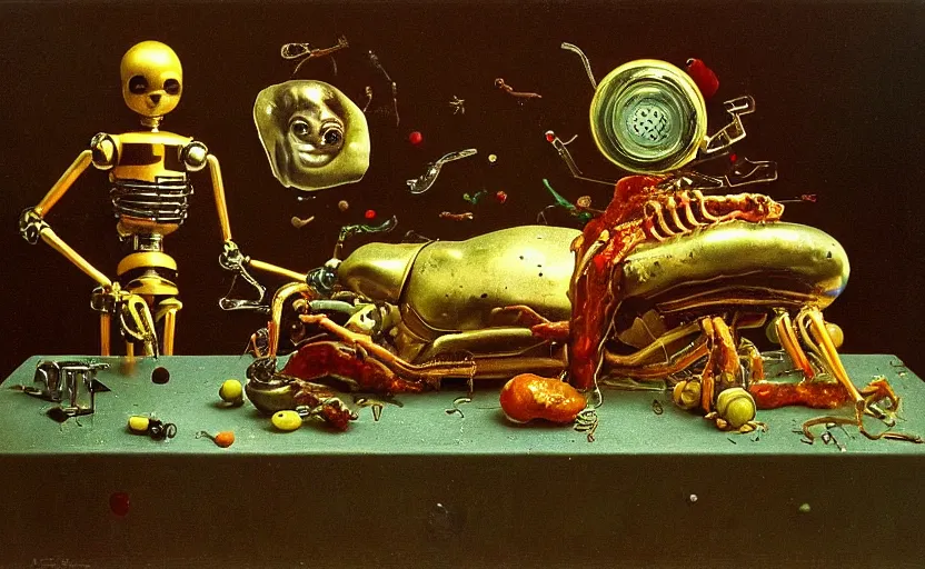 Image similar to strange robot body, disturbing colorful oil painting dutch golden age vanitas still life sparse composition with bizarre objects strange gooey transparent surfaces shiny metal reflections bizarre mutant meat insects rachel ruysch dali todd schorr very detailed perfect composition rule of thirds masterpiece canon 5 0 mm, cinematic lighting, photography, retro, film, kodachrome