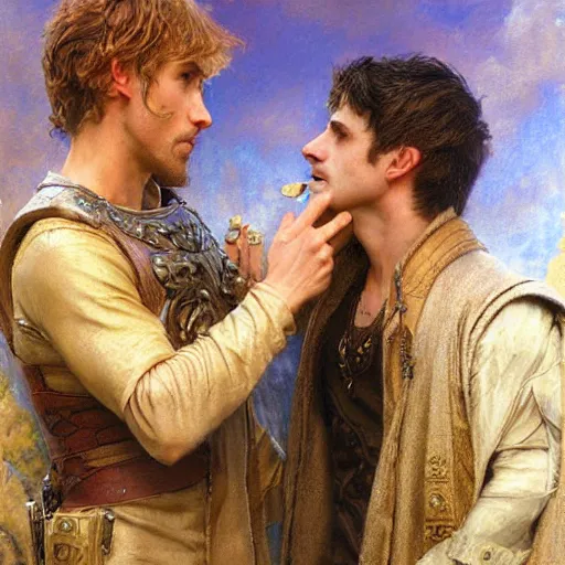 Image similar to attractive arthur pendragon confesses his love to attractive male merlin. highly detailed painting by gaston bussiere, craig mullins, j. c. leyendecker 8 k