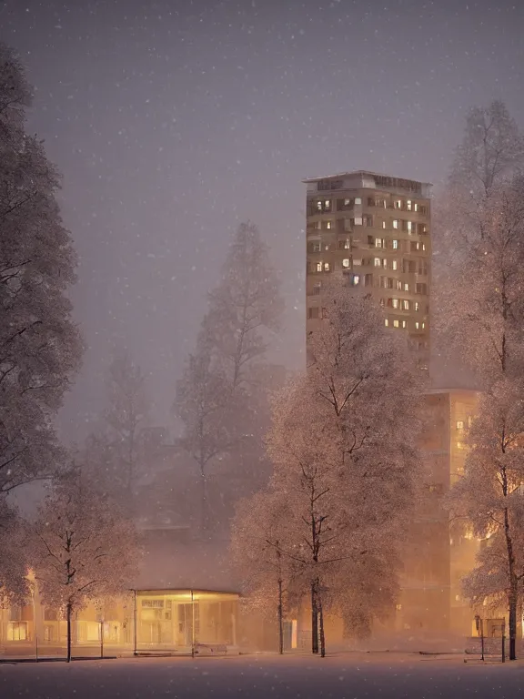 Image similar to award - winning photo of low soviet residential building, russian suburbs, lights are on in the windows, deep night,, cozy atmosphere, winter, heavy snow, light fog, streetlamps with orange light, volumetric light, several birches nearby, elderly people stand at the entrance to the building, mega detailed, unreal render