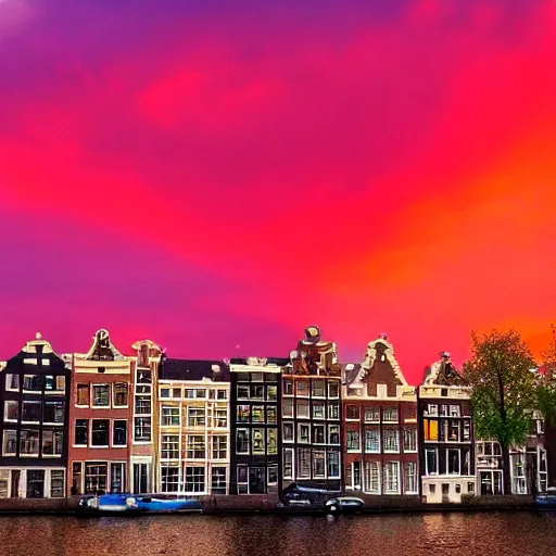 Prompt: a red sky with a yellow sun in amsterdam