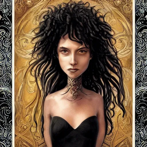 Image similar to happy 19th birthday, cover of a magnificent fantasy book by Neil Gaiman, portrait of a beautiful black hair girl, trending on artstation, highly detailed