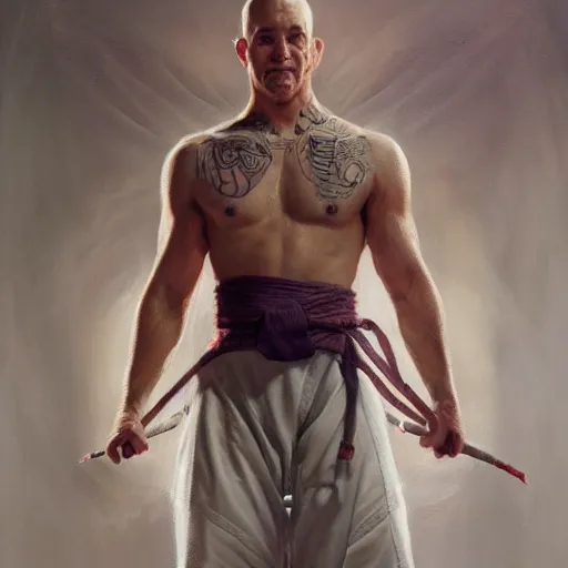 Prompt: A detailed matte oil on canvas painting of a white male martial artist monk, orchid arm tattoos by greg rutkowski and artgerm, trending on artstation, dungeons and dragons art