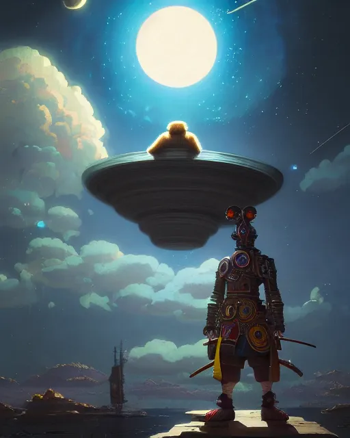 Image similar to highly detailed surreal vfx portrait of a metallic chromatic samurai bear in front of planets filled sky, stephen bliss, unreal engine, greg rutkowski, loish, rhads, beeple, makoto shinkai and lois van baarle, ilya kuvshinov, rossdraws, tom bagshaw, alphonse mucha, global illumination, detailed and intricate environment