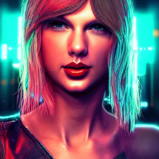 Image similar to taylor swift portrait, Cyberpunk 2077, cyberpsycho, photorealistic, ultra detailed, neon, octane, bokeh, cyber, cyberpunk city, feature, scars, cyberface, 8k