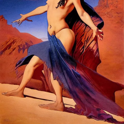 Image similar to Silk sheet desert ecstasy Bedouin under crimson azure diamond sky, in the style of Frank Frazetta, Jeff Easley, Caravaggio, extremely clear faces coherent, clear lines, 8K revolution