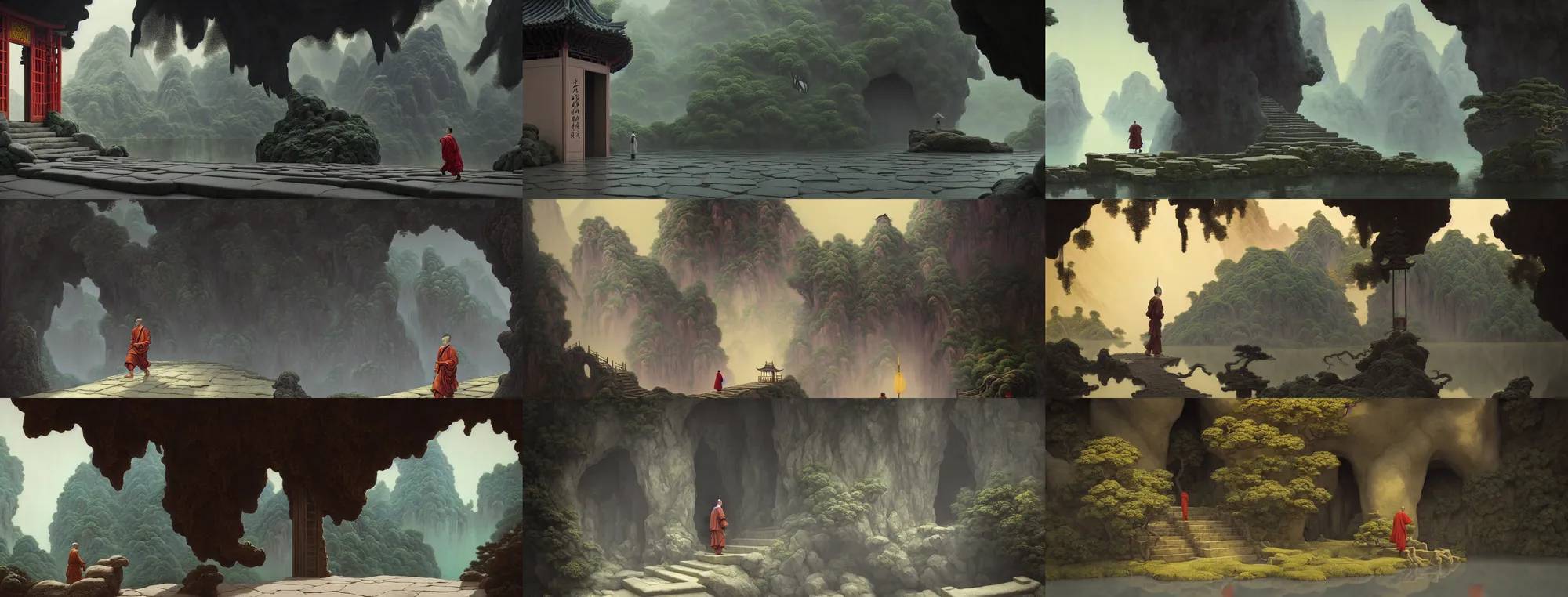 Image similar to a gorgeous landscape painting by barlowe wayne, maxfield parrish and marco mazzoni. chinese temple. close - up shot on rain dorps. a lonely chinese monk walks on the winding stone steps, stone gate to the dark cave, 3 d, octane render, turbulent lake, fog, 8 k.