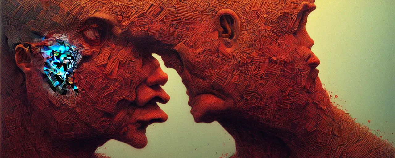 Image similar to portrait of a man in the style of android jones and zdzislaw beksinski