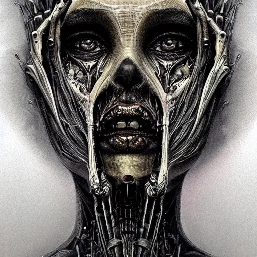Image similar to surreal portrait of a woman by Greg Rutkowski and H.R Giger, a woman with a kind of visor, transformed into a kind of biomechanical transhuman goddess, disturbing, terrifying but fascinating, cosmic void background, frightening, fascinating, highly detailed portrait, digital painting, book cover, artstation, concept art, smooth, sharp foccus ilustration, Artstation HQ.