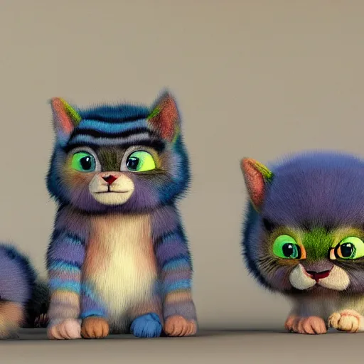 Image similar to cute colorful fuzzy alien cat creatures with long flowing detailed striped fur, detailed high quality 3 d render unreal engine in the style of maurice sendak, 4 k