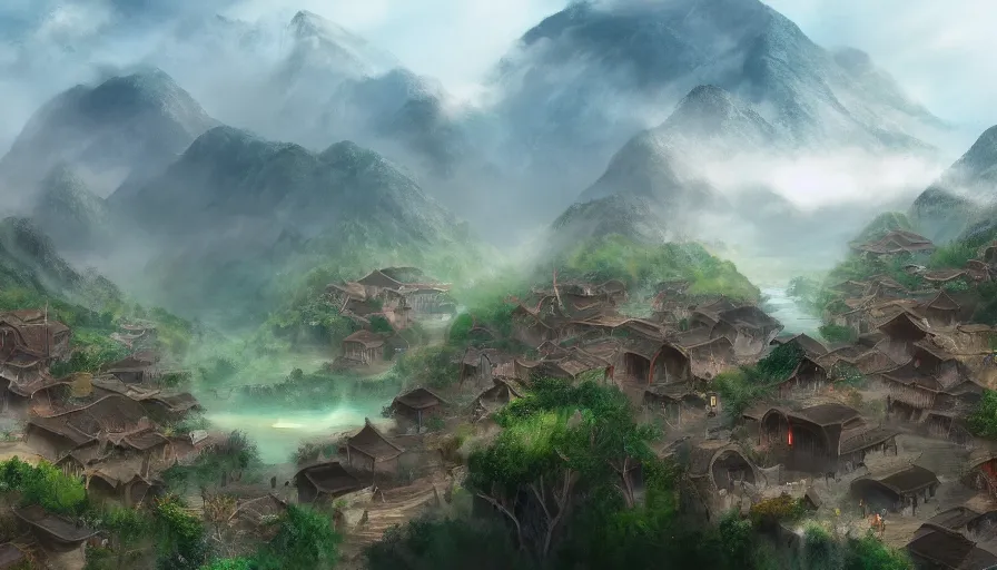 Image similar to matte painting of a beautiful tai village, digital art, trending on artstation