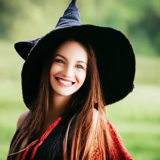 Prompt: a photo of a young pretty woman smiling with an oversized witch hat, photorealistic, high definition