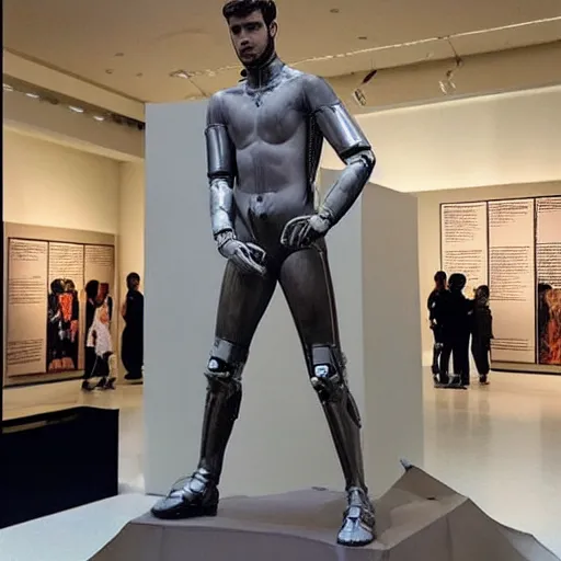 Image similar to “a realistic detailed photo of a guy who is an attractive humanoid who is half robot and half humanoid, who is a male android, actor Liam Hemsworth, shiny skin, posing like a statue, blank stare, at the museum, on display”