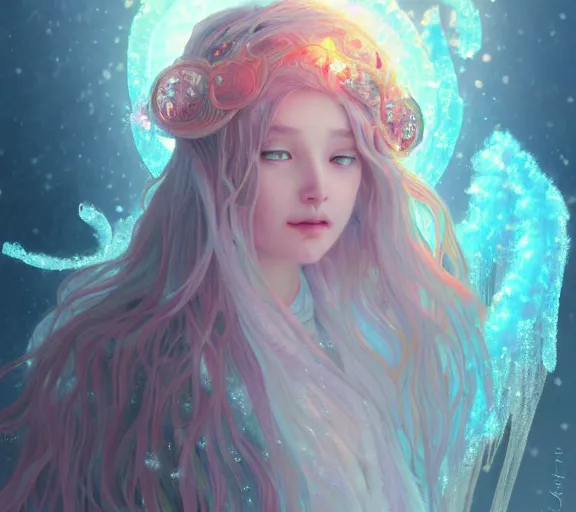 Image similar to beautiful ancient pastel frost witch, fire in eye, snow glow, pool party, highly detailed, digital painting, artstation, sharp focus, illustration, art by tan zi and ayanamikodon and alphonse mucha and wlop