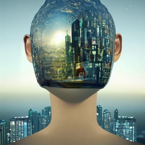 Prompt: cute city growing out of a human head side on made out of glass, 8 k detailed photograph, unreal engine, trending on artstation, emotional surrealist art, very very beautiful