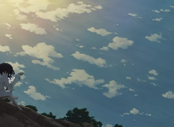 Image similar to the last thing you see before you fall asleep, wide shot, peaceful and serene, incredible perspective, anime scenery by Makoto Shinkai and studio ghibli, very detailed