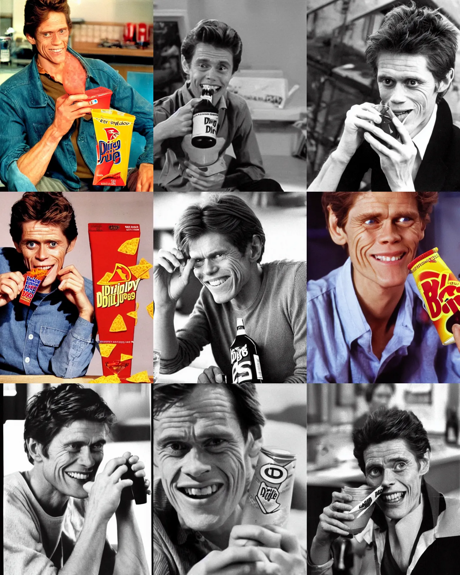 Prompt: young willem dafoe happily drinking doritos juice, product advertisement