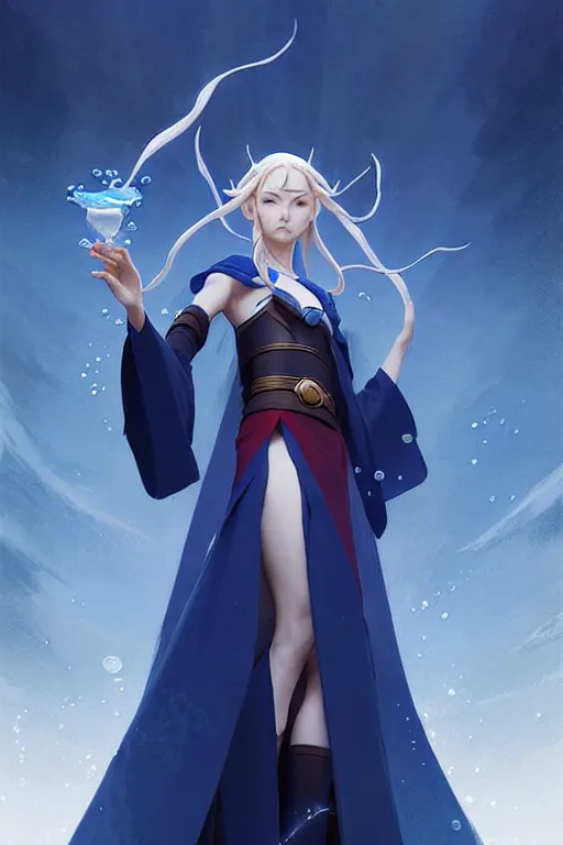 Image similar to elf female sorcerer doing water magic spells, blue robes, red hair, finely detailed perfect face, exquisite details, mid view, design on a white background, by studio muti, greg rutkowski makoto shinkai takashi takeuchi studio ghibli