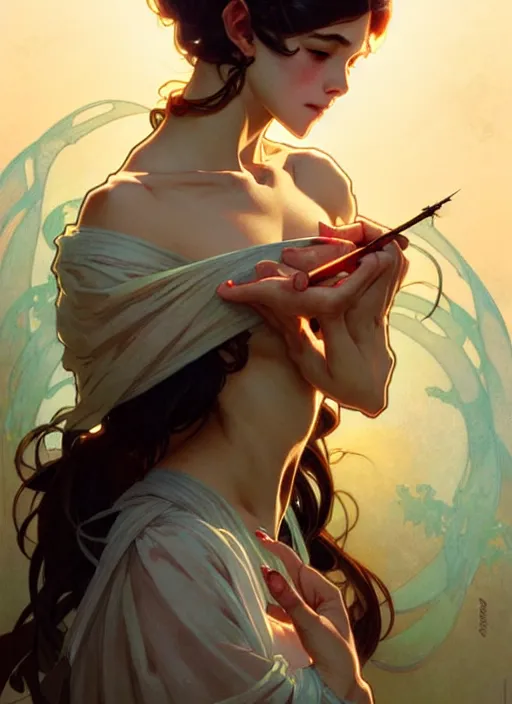 Image similar to dainty wilder face, incredibly detailed face, pretty face, light dress, true anatomy, art by artgerm and greg rutkowski and alphonse mucha