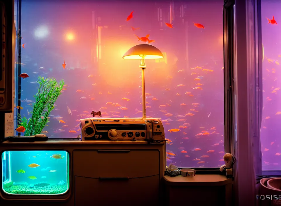 Prompt: telephoto 7 0 mm f / 2. 8 iso 2 0 0 photograph depicting the feeling of chrysalism in a cosy cluttered french sci - fi ( art nouveau ) cyberpunk apartment in a pastel dreamstate art cinema style. ( aquarium, computer screens, window ( city ), leds, lamp, ( ( ( aquarium bed ) ) ) ), ambient light.