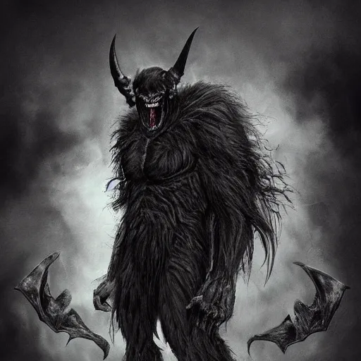 Prompt: portrait of a demonic huge hulking creature with giant black bat wings, muscular and terrifying, unsettling, creepy, epic hairy monster terrifying covered in dark fur and matted mud with white eyes, artstation, cgsociety