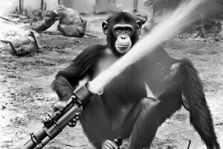Prompt: chimp using a flame thrower in world war 2