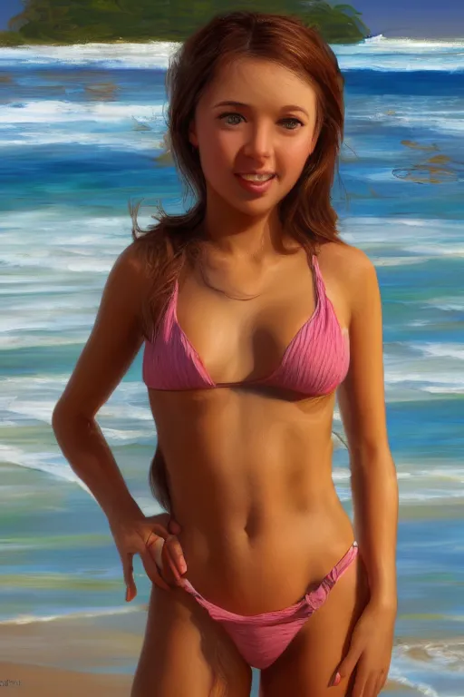 Prompt: Portrait of a cute girl posing on the beach in the style of Mark Arian and Bell Julie, highly detailed, sharp focus, 8k render