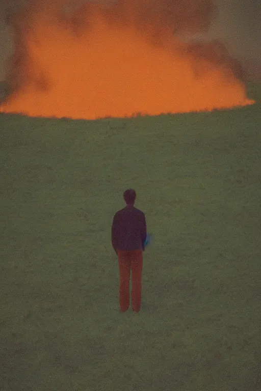 Prompt: kodak ultramax 4 0 0 photograph of a guy standing in a field of fire, back view, grain, faded effect, vintage aesthetic, cel shading, toon shading