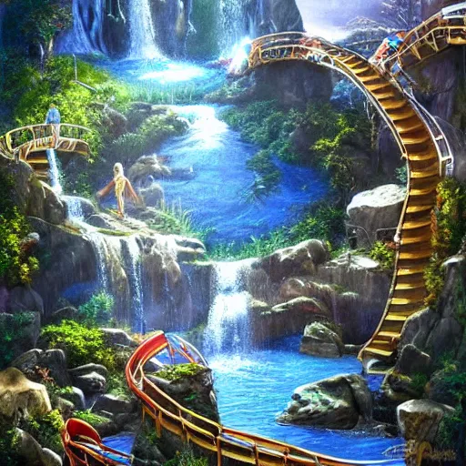 Prompt: mountainous waterfall waterpark with rock waterslides painting by brain froud, charles vess, cinematic lighting, epic composition, highly detailed