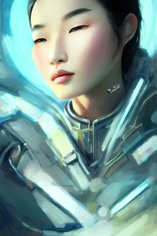 Image similar to portrait futuristic beautiful Asian trending on artbreeder, pinterest Airforce armored pilot Girl, at inside of future fighter aircraft, ssci-fi, fantasy, intricate, very very beautiful, elegant, human anatomy, neon light, highly detailed, digital painting, artstation, concept art, soft light, smooth, sharp focus, illustration, art by tian zi and WLOP and alphonse mucha