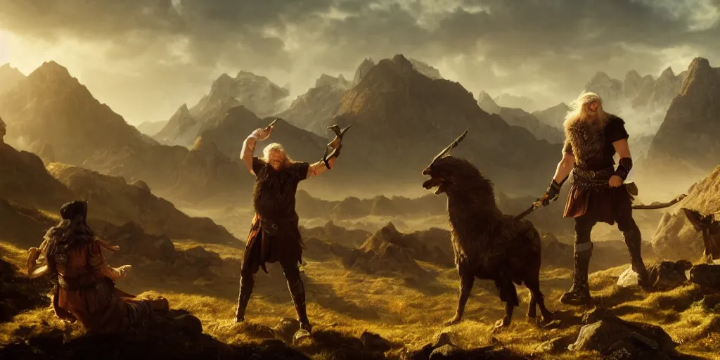 Image similar to Odin all father the wanderer, odin is angry at valkyries, mountains in the background, cinematic lighting, high quality 8k hd, oil on canvas, hyperralistic art