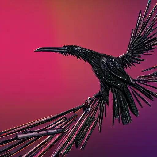 Image similar to a raven made of knives, jump kick, 4 k, ultra realistic, detailed focused, synthwave